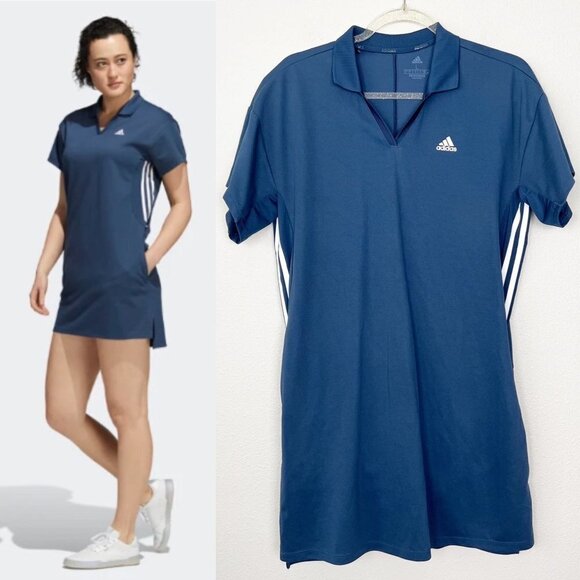 Adidas Blue 3 Stripes Primegreen Golf Athletic Short Sleeve Dress Womens Large - Picture 1 of 12